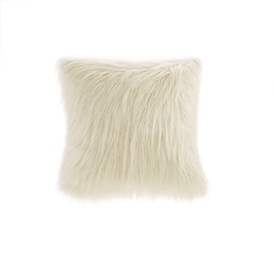 Long Faux Fur Square Throw Pillow - Ivory