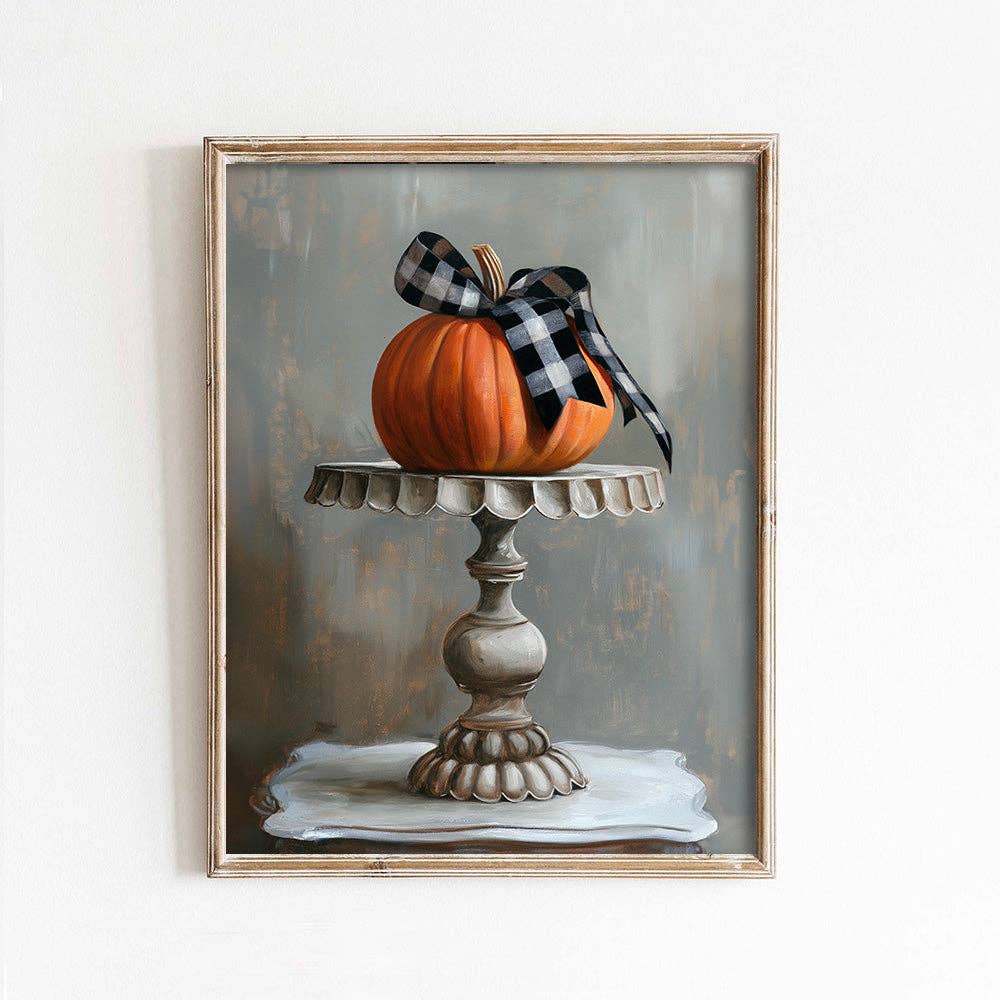 Pumpkin With Buffalo Check Ribbon Art Print: 11x14
