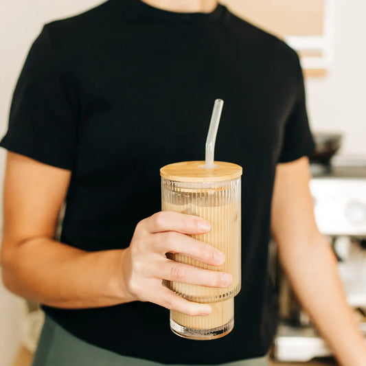 Fluted Vintage Ripple 16 Ounce Clear Glass with Lid + Straw