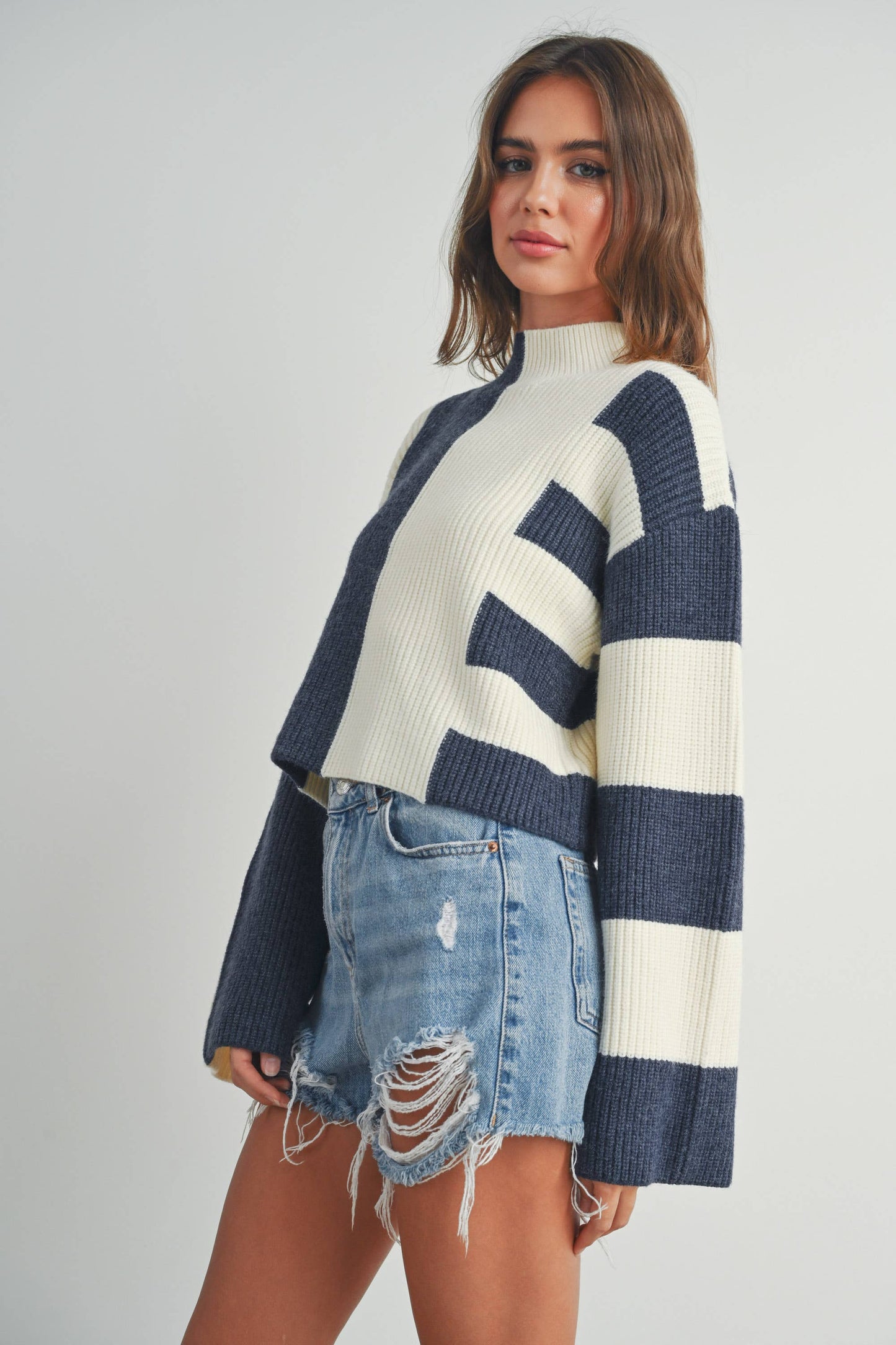 Color Block Mock Turtleneck Sweater - BMW7161: BLACK / OLIVE / S
