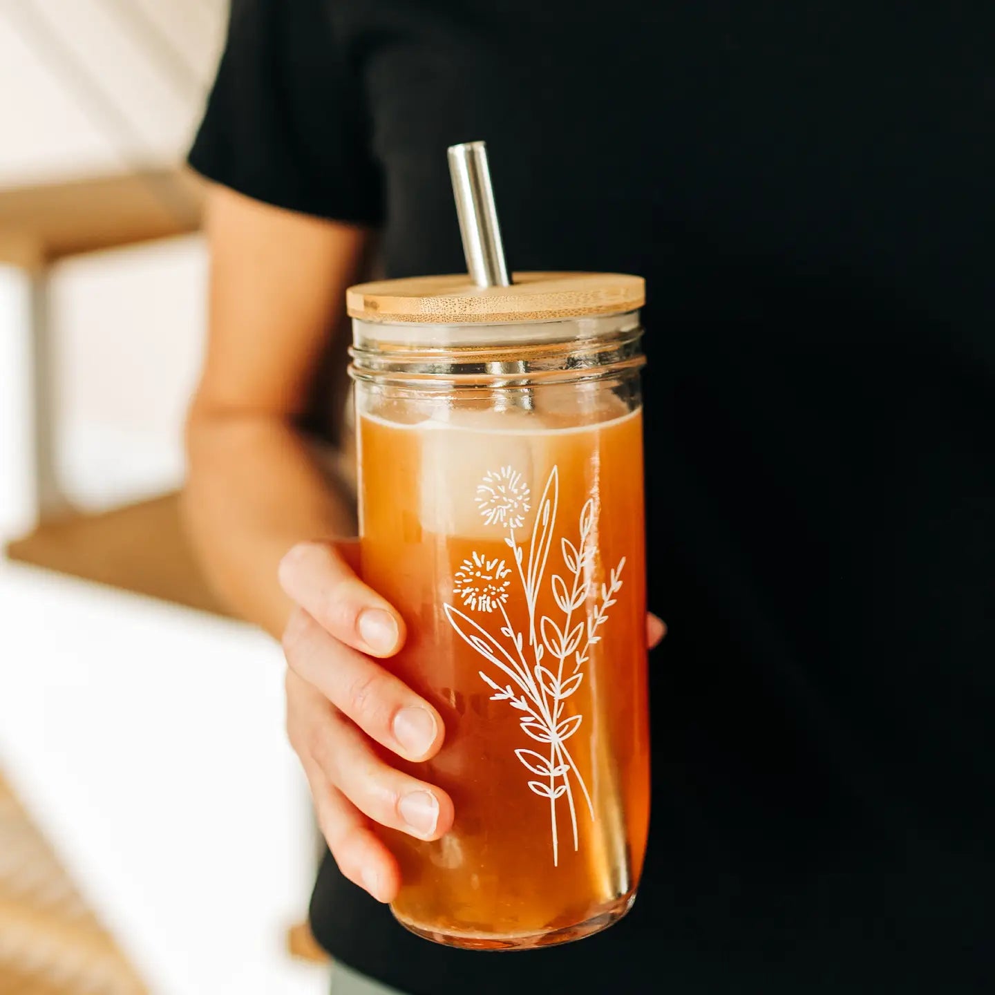 Floral Bouquet Glass Tumbler + Acacia Lid