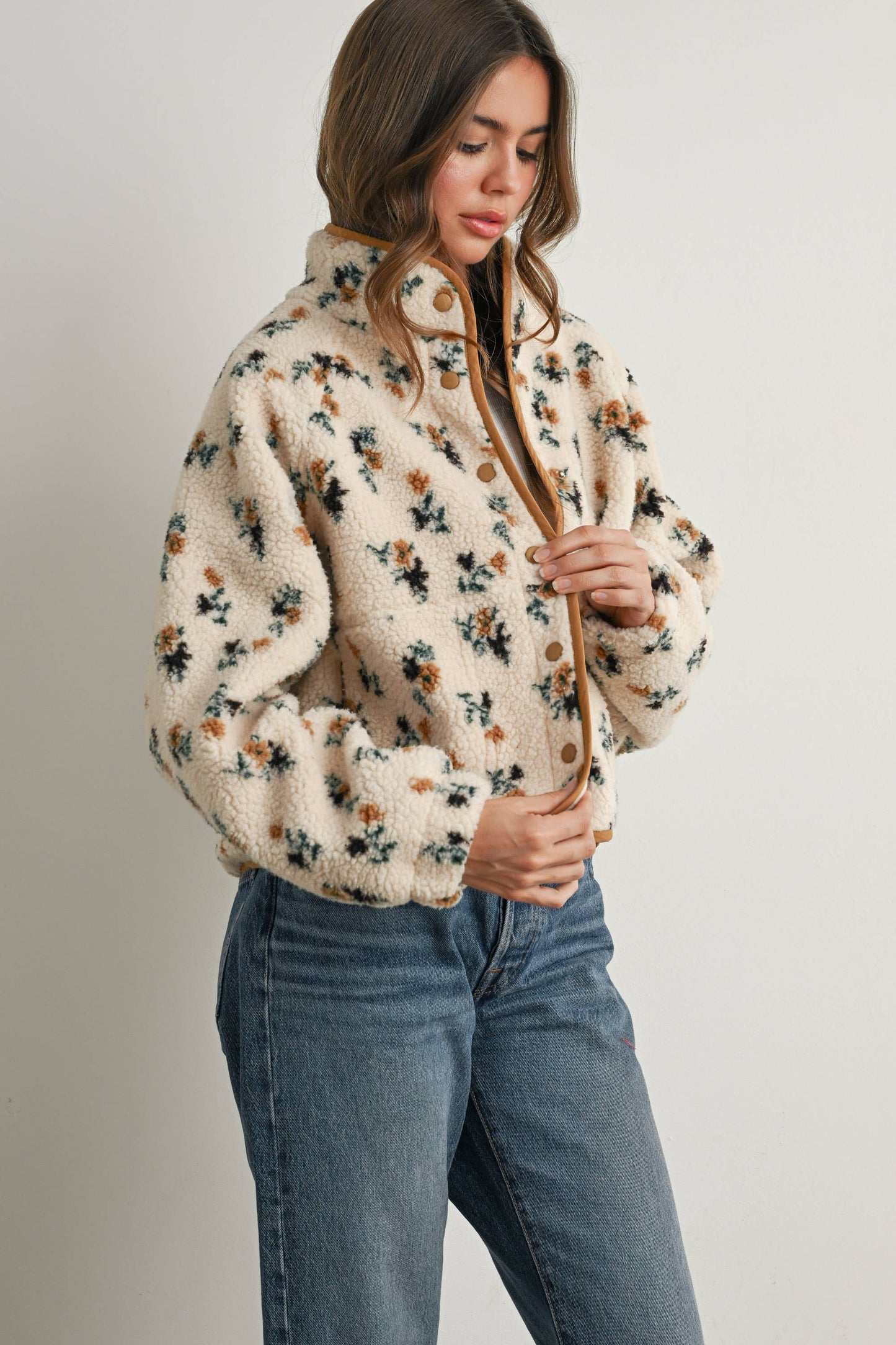 Floral Print Fluffy Fleece Jacket - BMJ7811: CREAM / KHAKI / S