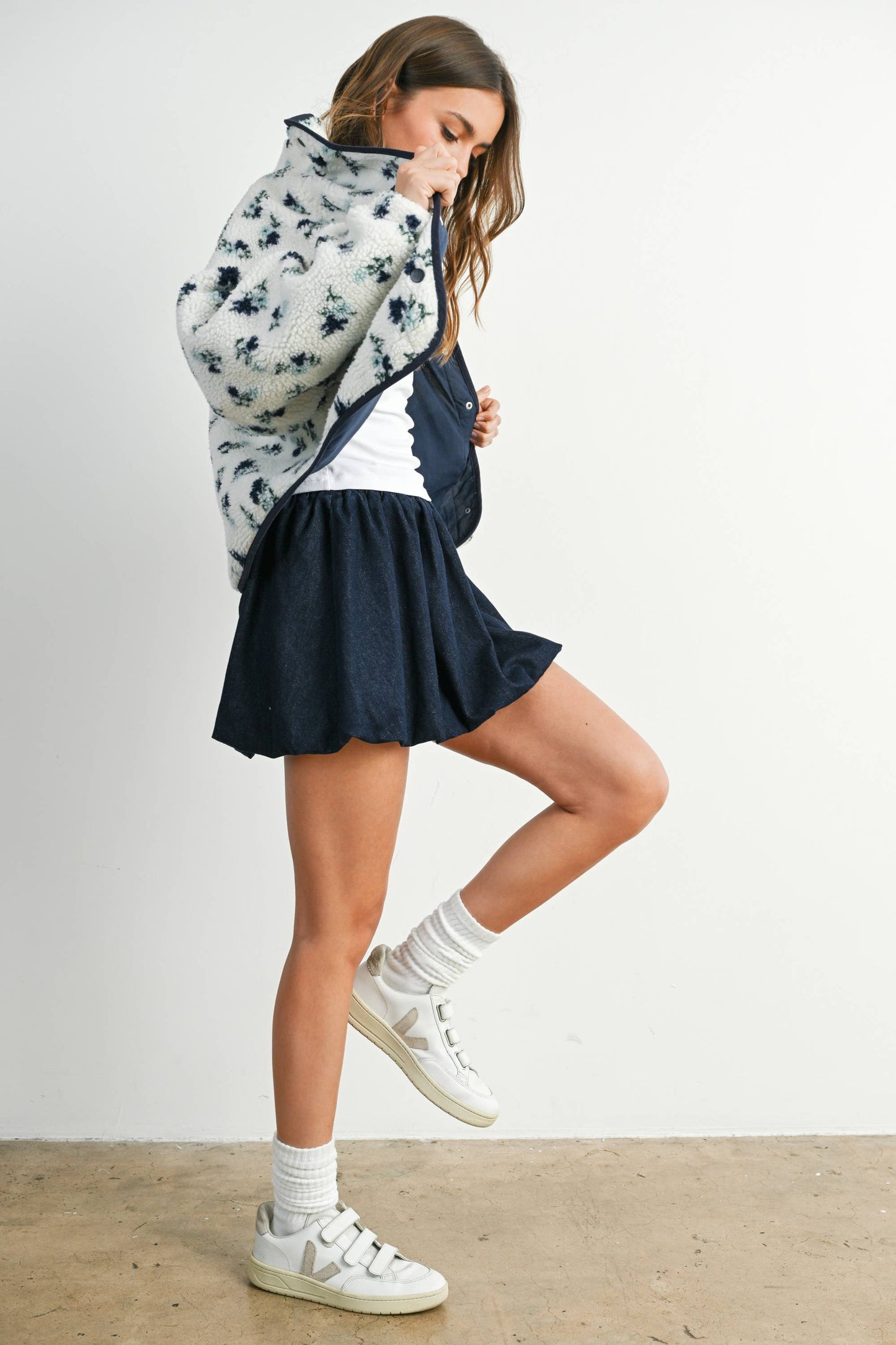 Floral Print Fluffy Fleece Jacket - BMJ7811: CREAM / KHAKI / S