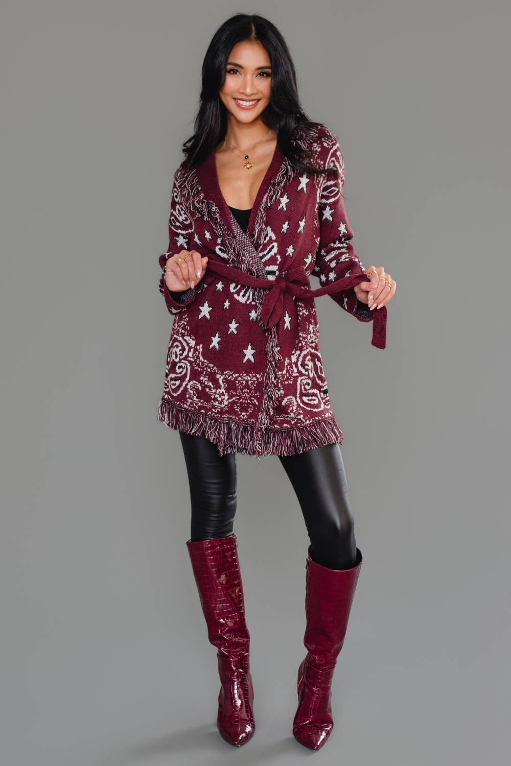 Burgundy Bandana Fringe Cardigan
