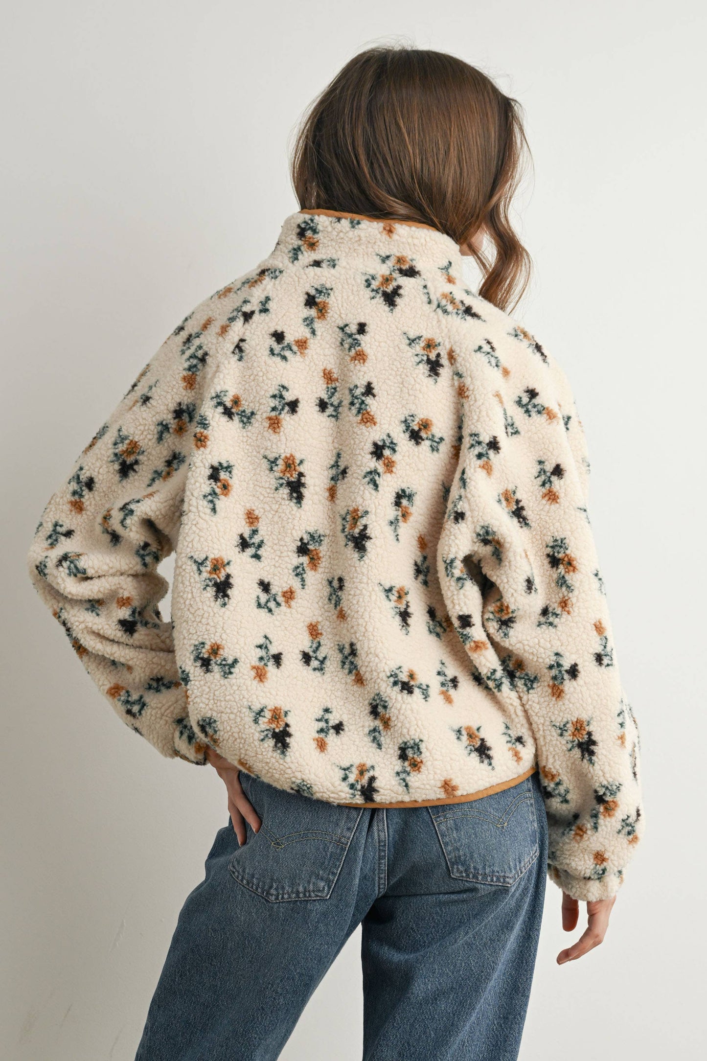 Floral Print Fluffy Fleece Jacket - BMJ7811: CREAM / KHAKI / S