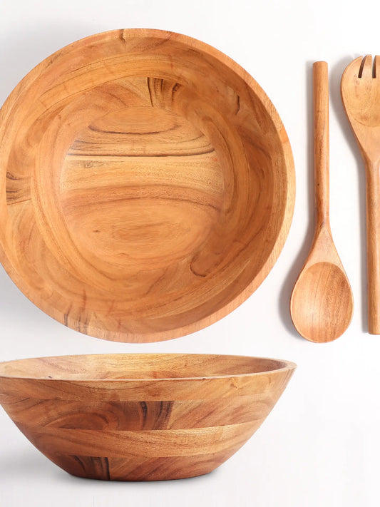 Large Wooden Salad Bowl with Servers