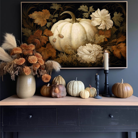 White Pumpkin and Flowers Vintage Autumn Still Life Fall Art Print: 11x14