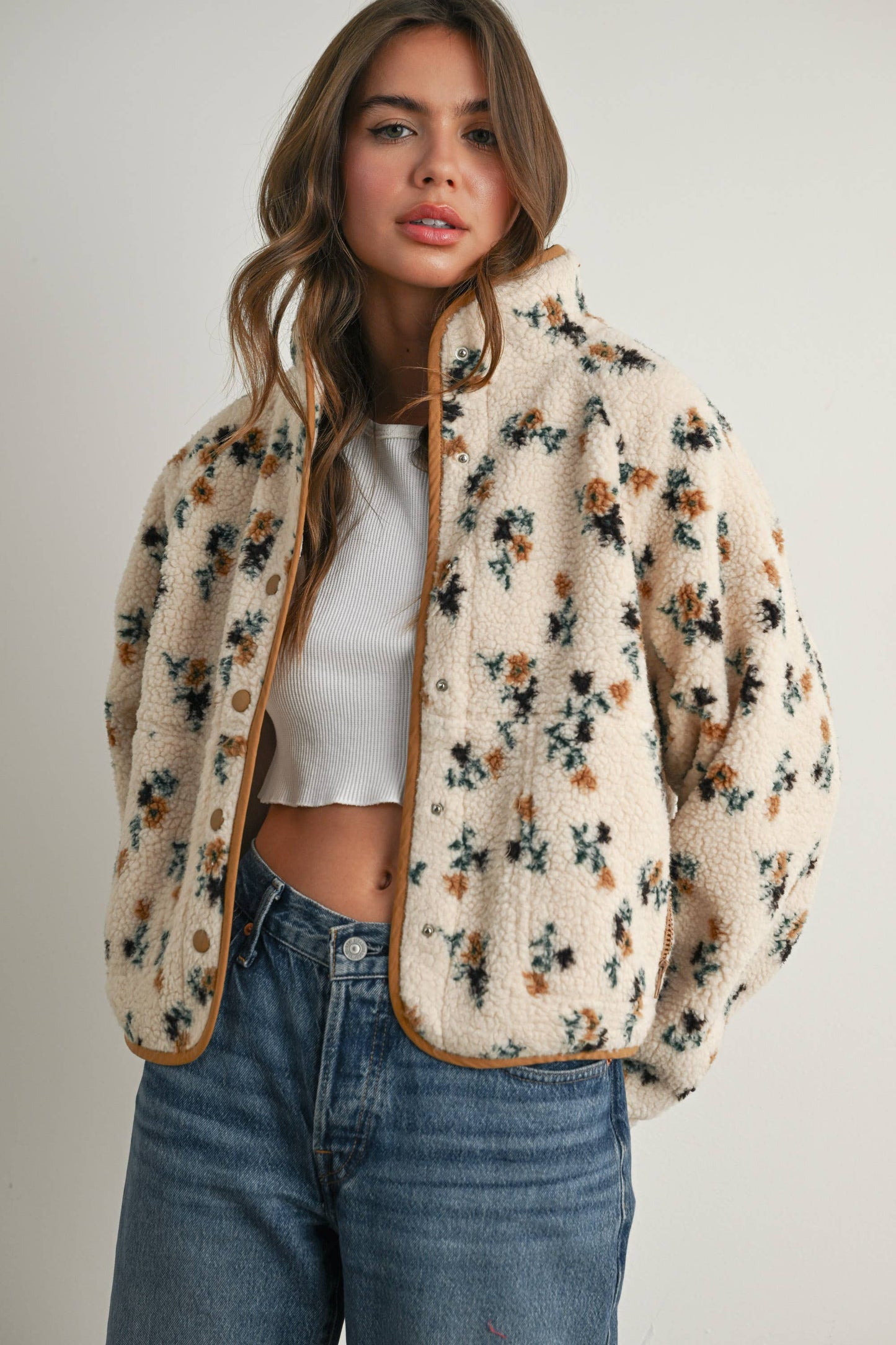 Floral Print Fluffy Fleece Jacket - BMJ7811: CREAM / KHAKI / S