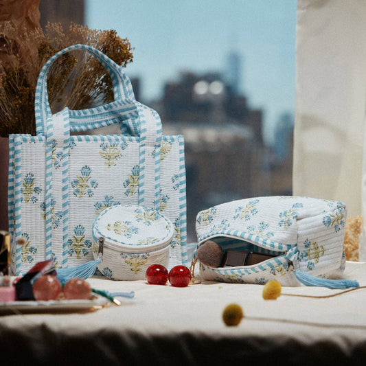 Blue Floral Quilted Mini Tote Bag – Soft Fabric Everyday Carry Handbag