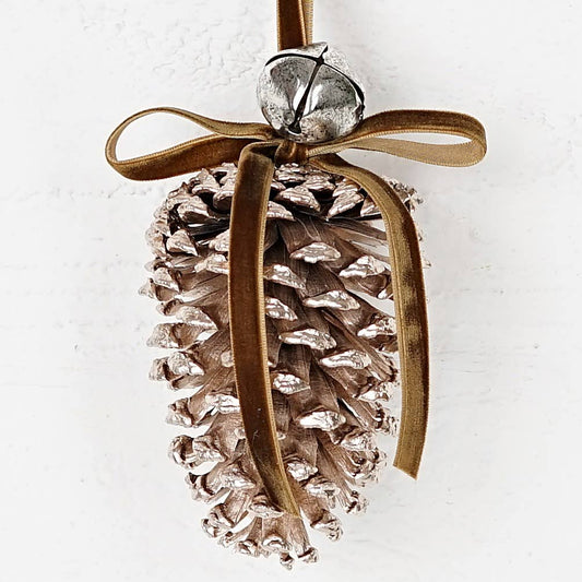 Hanging Jumbo Pinecone with Bell – Champagne (6”)