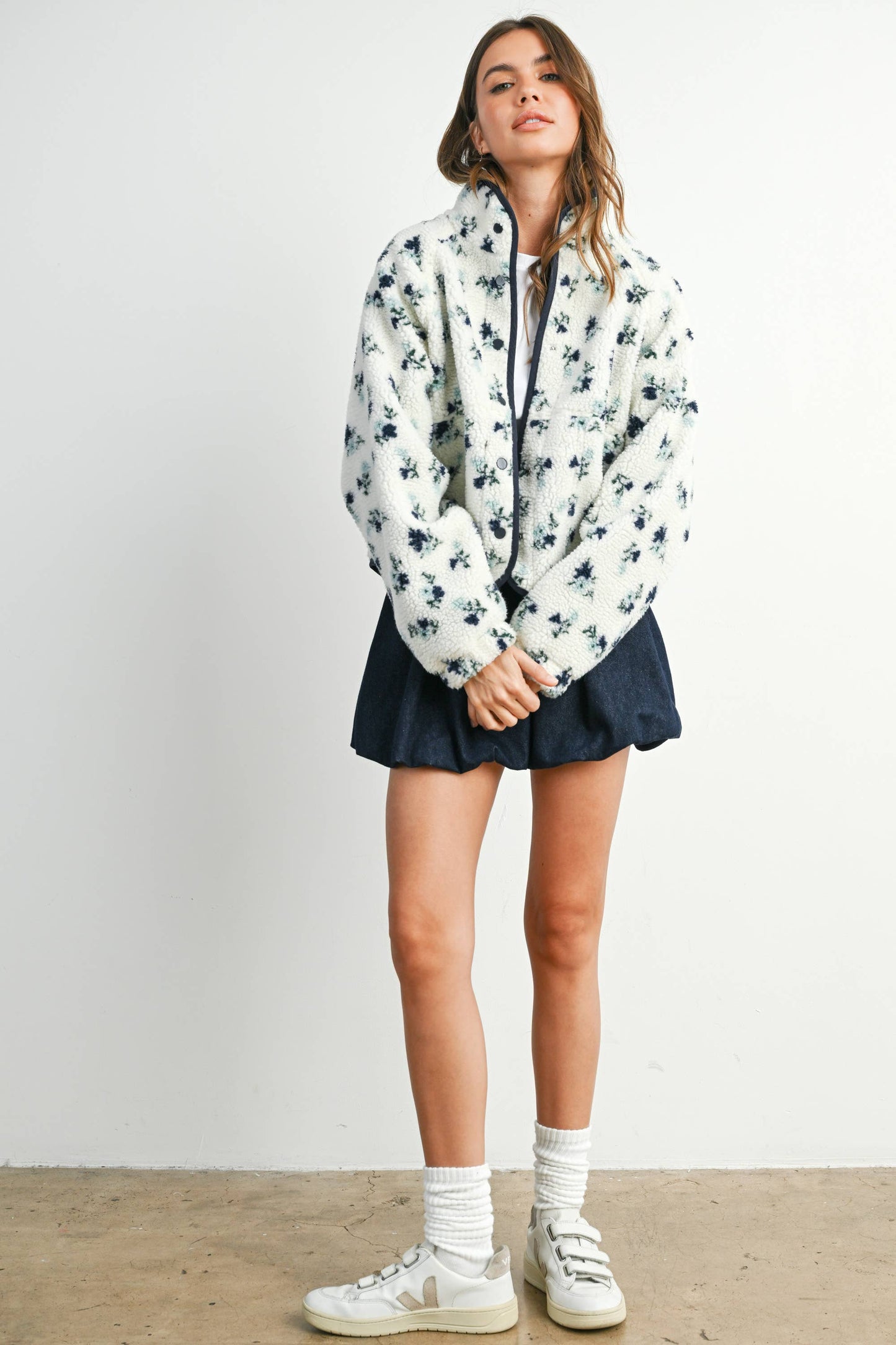 Floral Print Fluffy Fleece Jacket - BMJ7811: CREAM / KHAKI / S