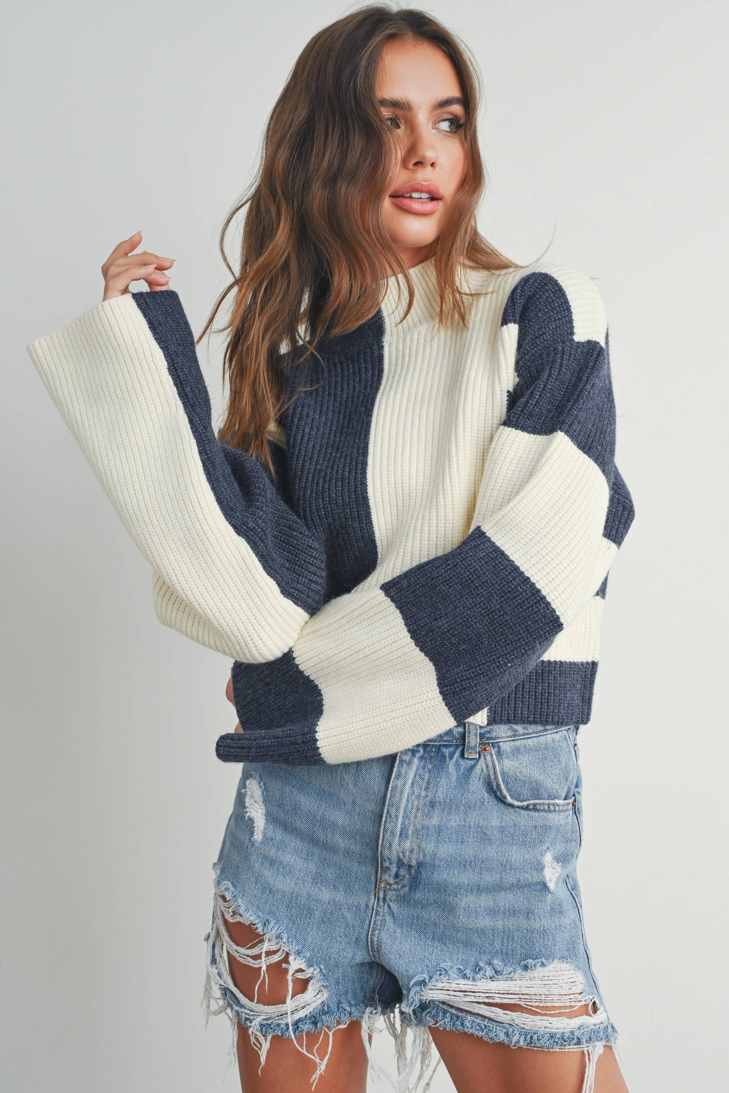 Color Block Mock Turtleneck Sweater - BMW7161: BLACK / OLIVE / S