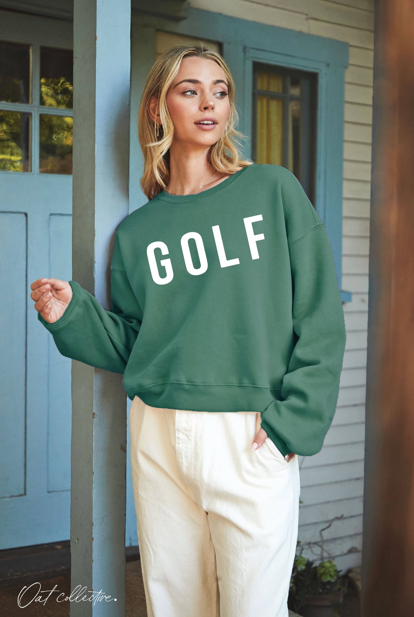 GOLF Mid length Cropped Graphic Fleece Pullover Relaxed Fit.: VINTAGE WHITE / L