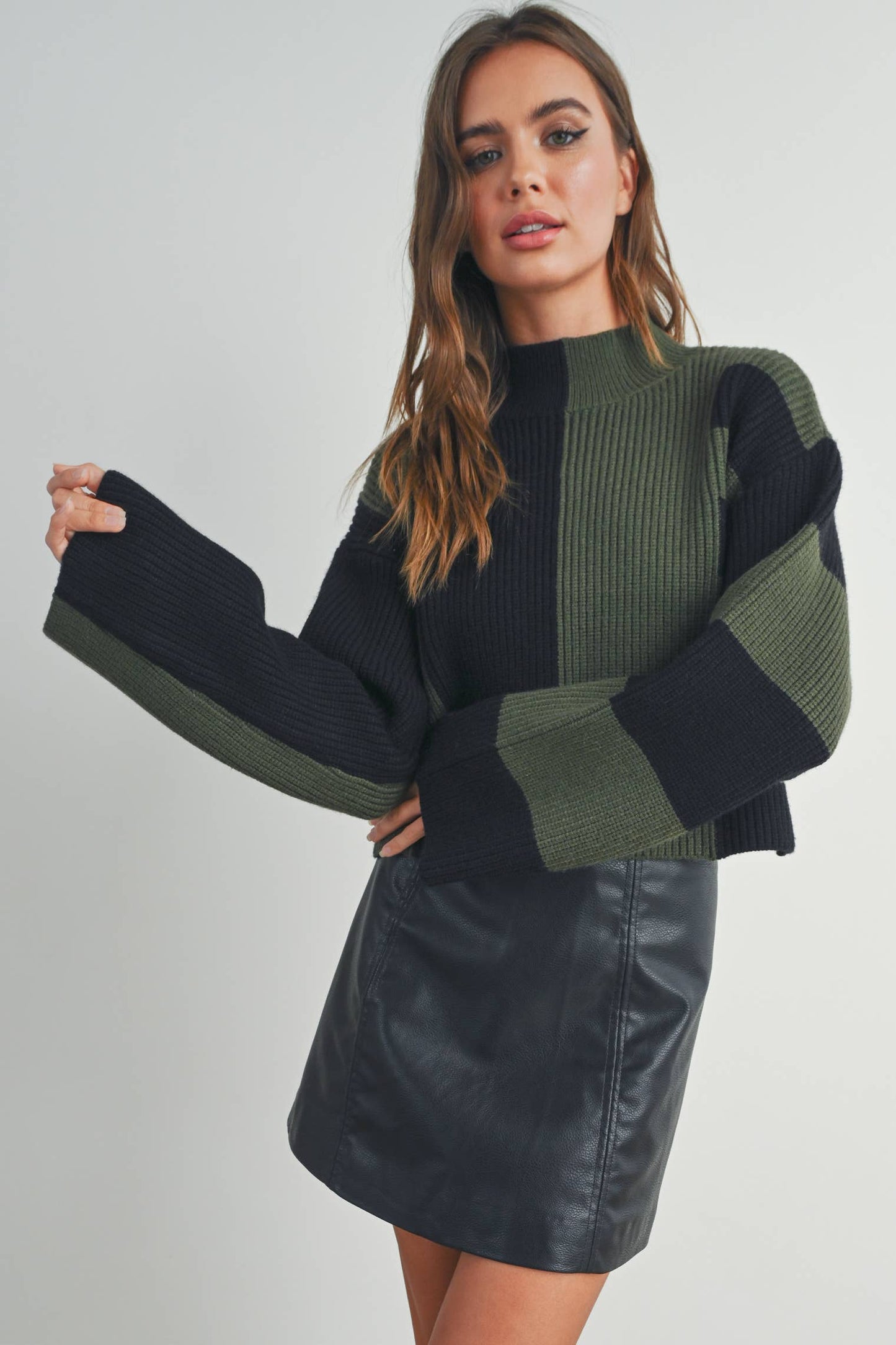 Color Block Mock Turtleneck Sweater - BMW7161: BLACK / OLIVE / S