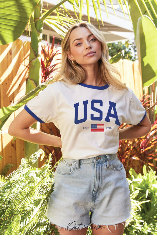 USA EST 1776 Ringer Graphic T-Shirt: NATURAL/RED / S