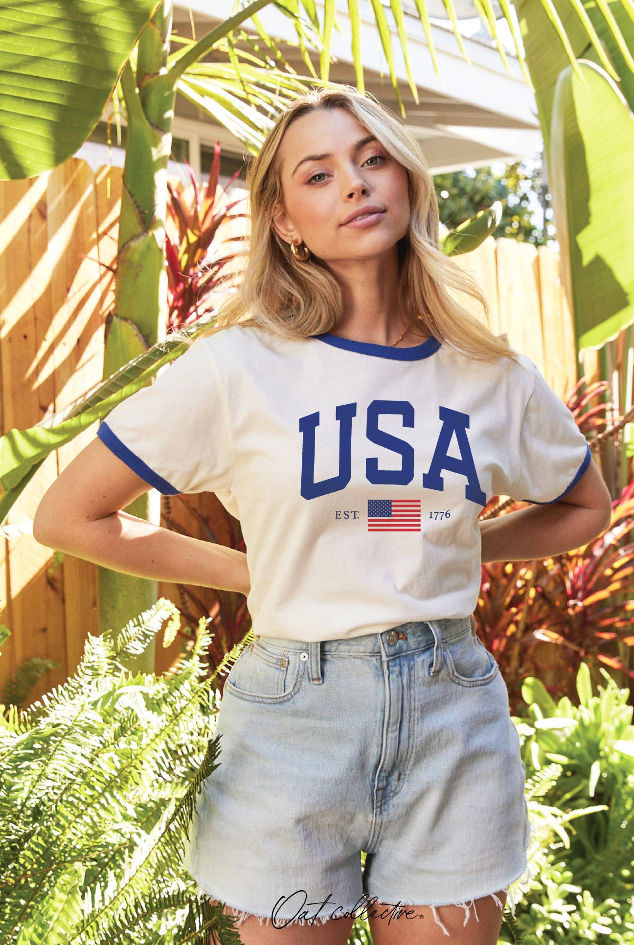 USA EST 1776 Ringer Graphic T-Shirt: NATURAL/RED / M