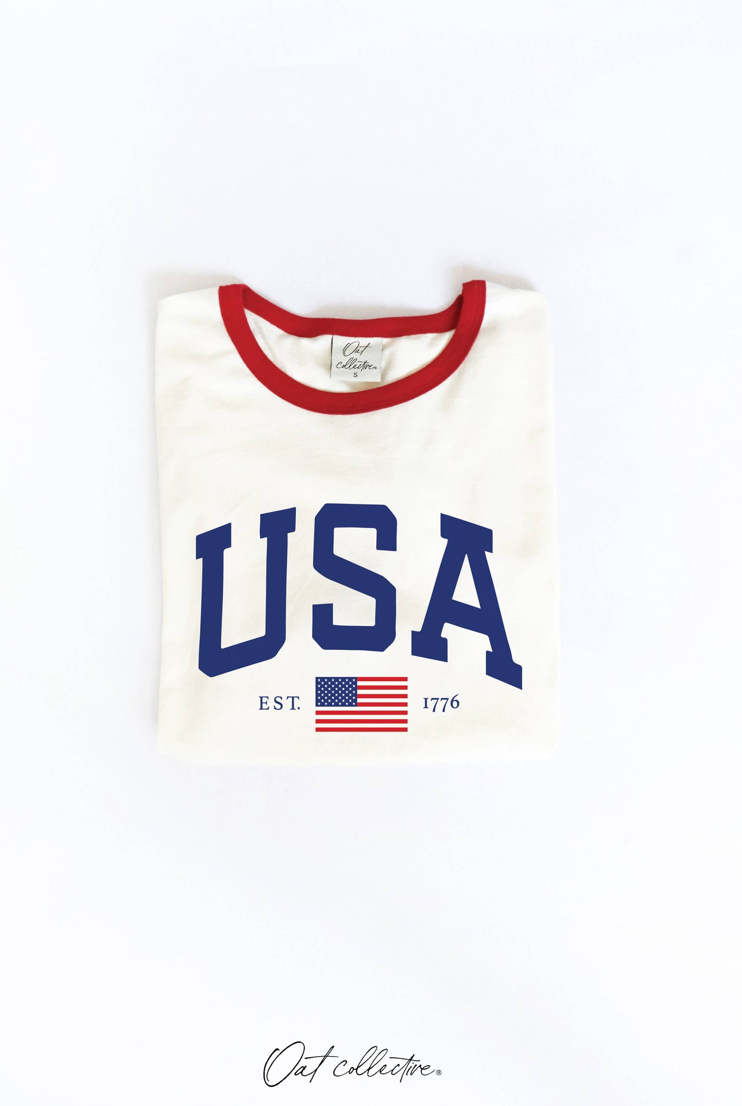 USA EST 1776 Ringer Graphic T-Shirt: NATURAL/RED / S