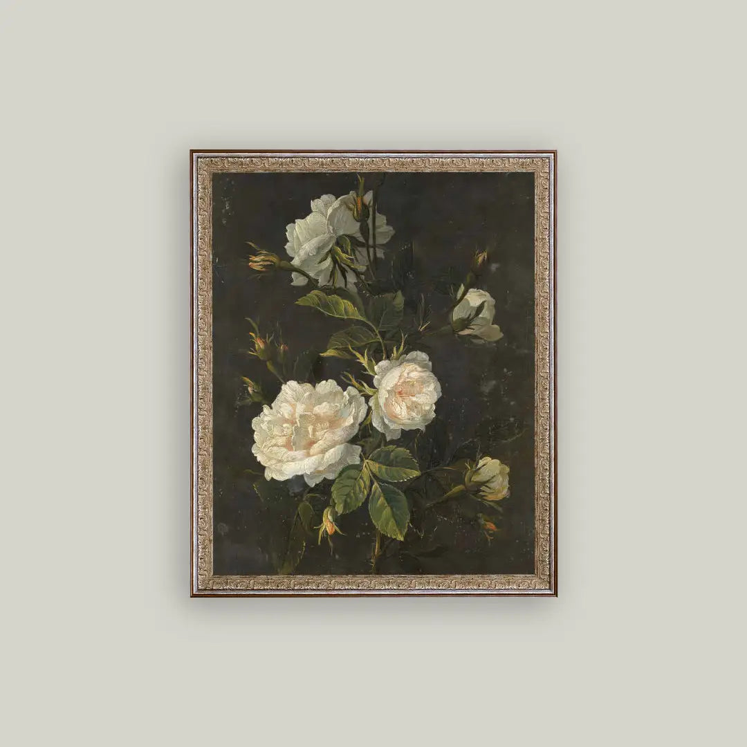 Moody Still Life Rose Framed Antique Art