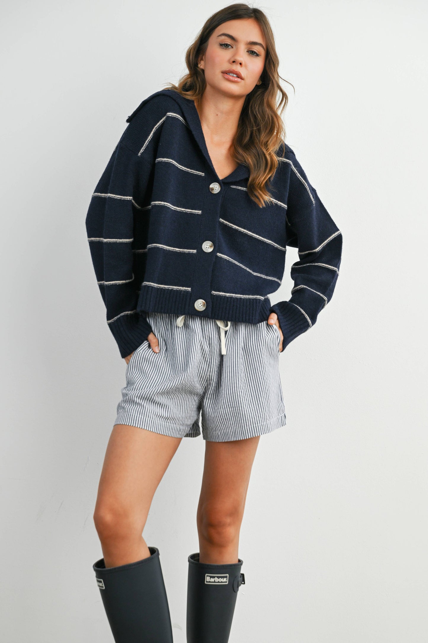 Button-Up Striped Collared Long Sleeve Top - BMC7883: TAUPE MULTI / M