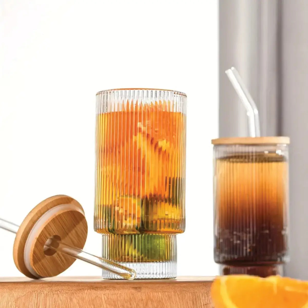 Fluted Vintage Ripple 16 Ounce Clear Glass with Lid + Straw