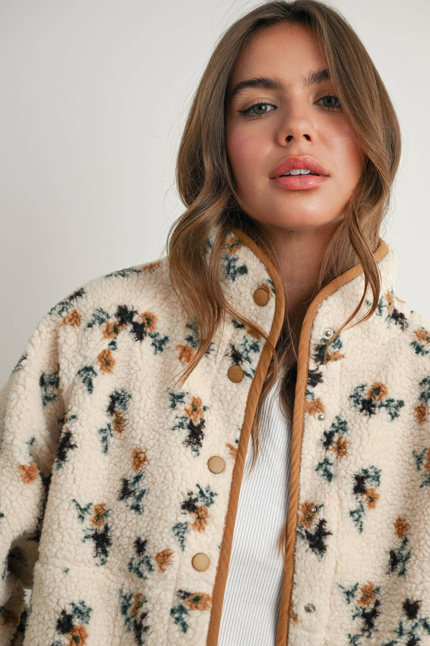 Floral Print Fluffy Fleece Jacket - BMJ7811: CREAM / KHAKI / S
