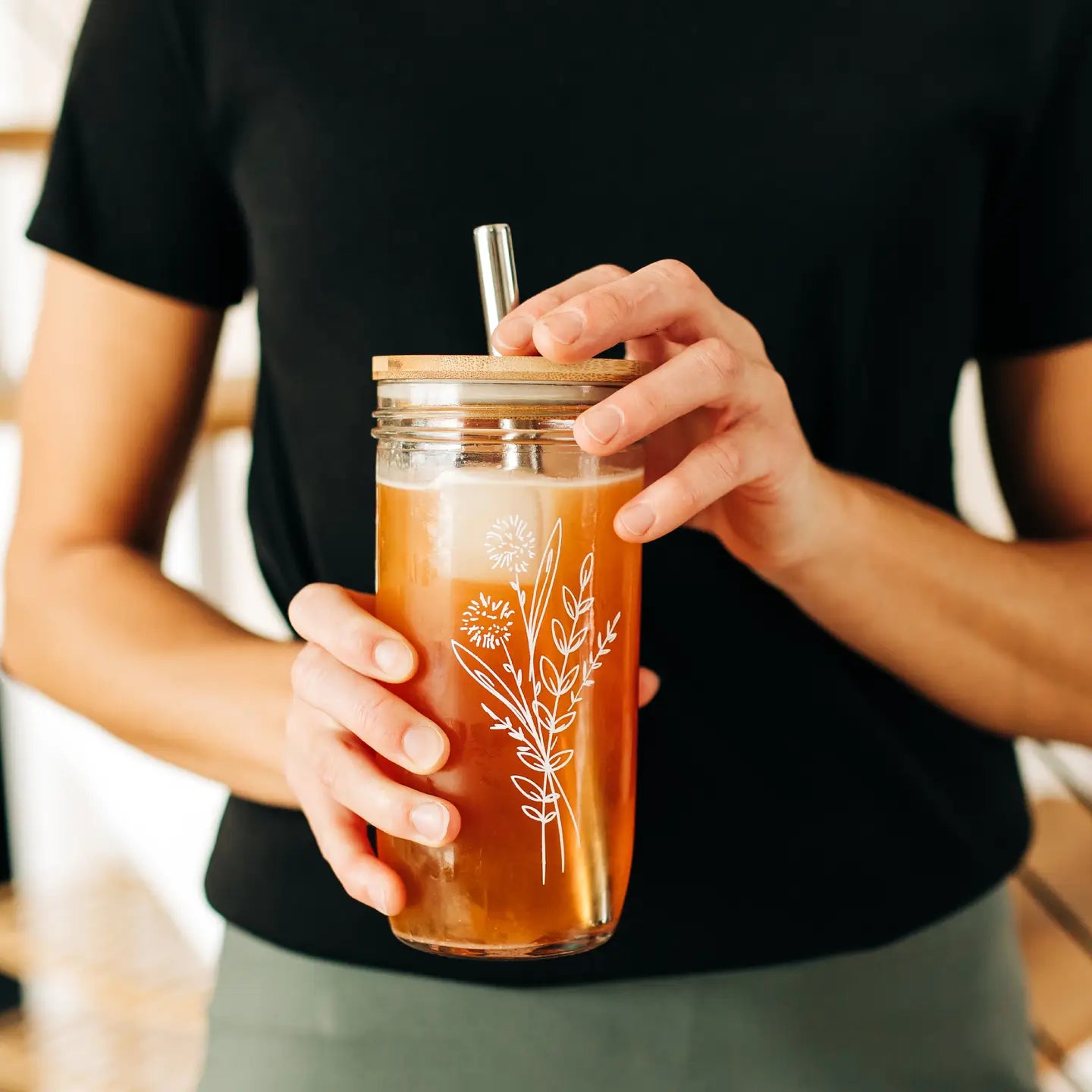 Floral Bouquet Glass Tumbler + Acacia Lid