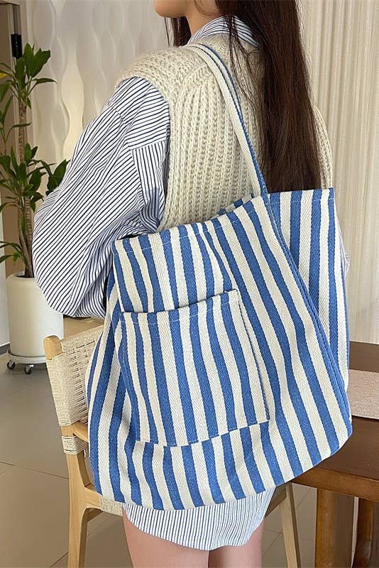 ORGANIC STRIPED TRENDING DOUBLE POCKET TOTE BAG | 40P561: Blue
