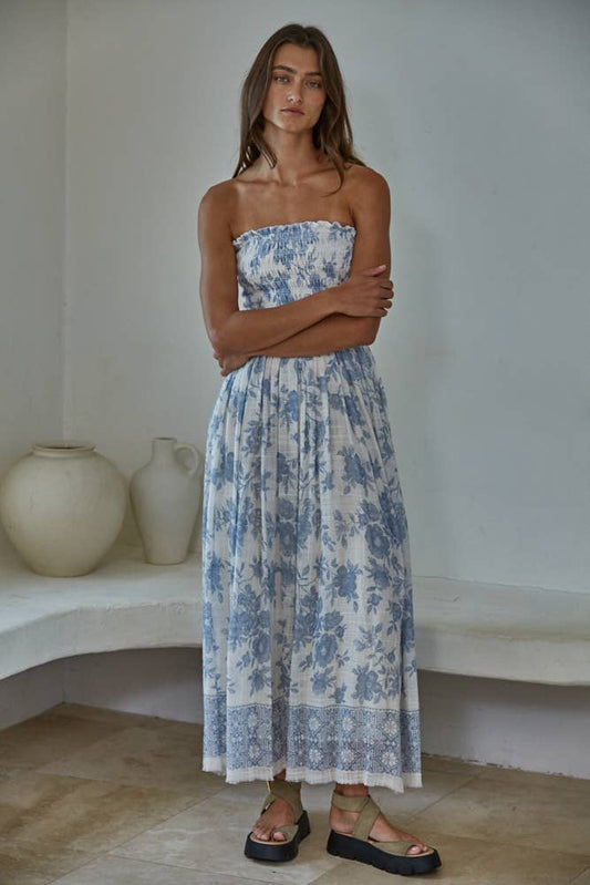 Floral Smocked Strapless Midi Dress