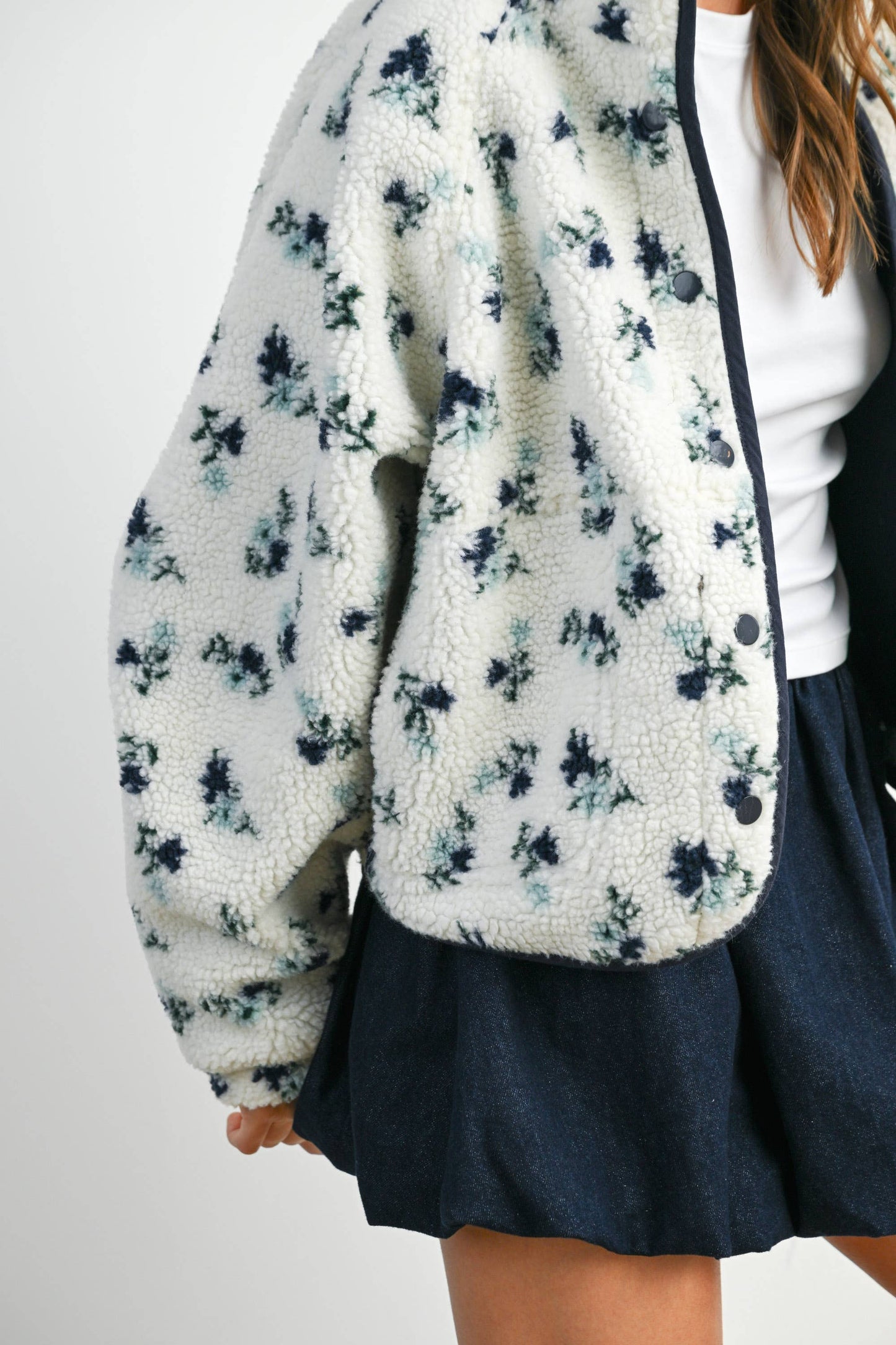 Floral Print Fluffy Fleece Jacket - BMJ7811: CREAM / KHAKI / S