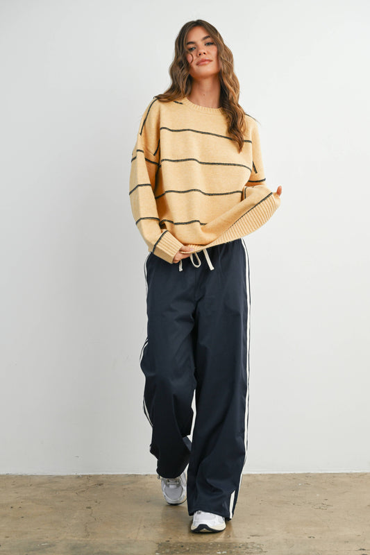 Striped Pattern Drop Shoulder Sweater - BMW7421: TAUPE MULTI / L