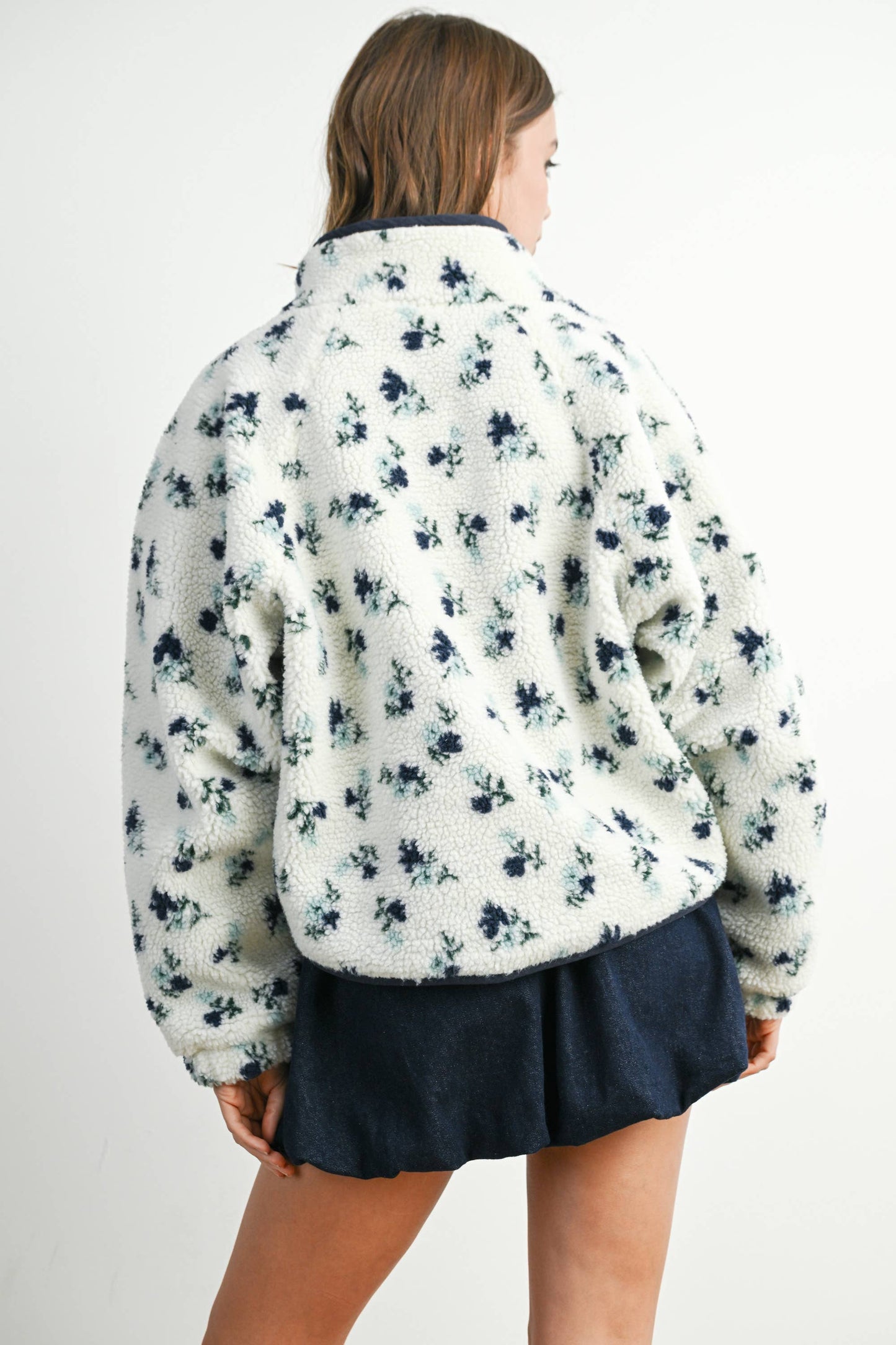 Floral Print Fluffy Fleece Jacket - BMJ7811: CREAM / KHAKI / S