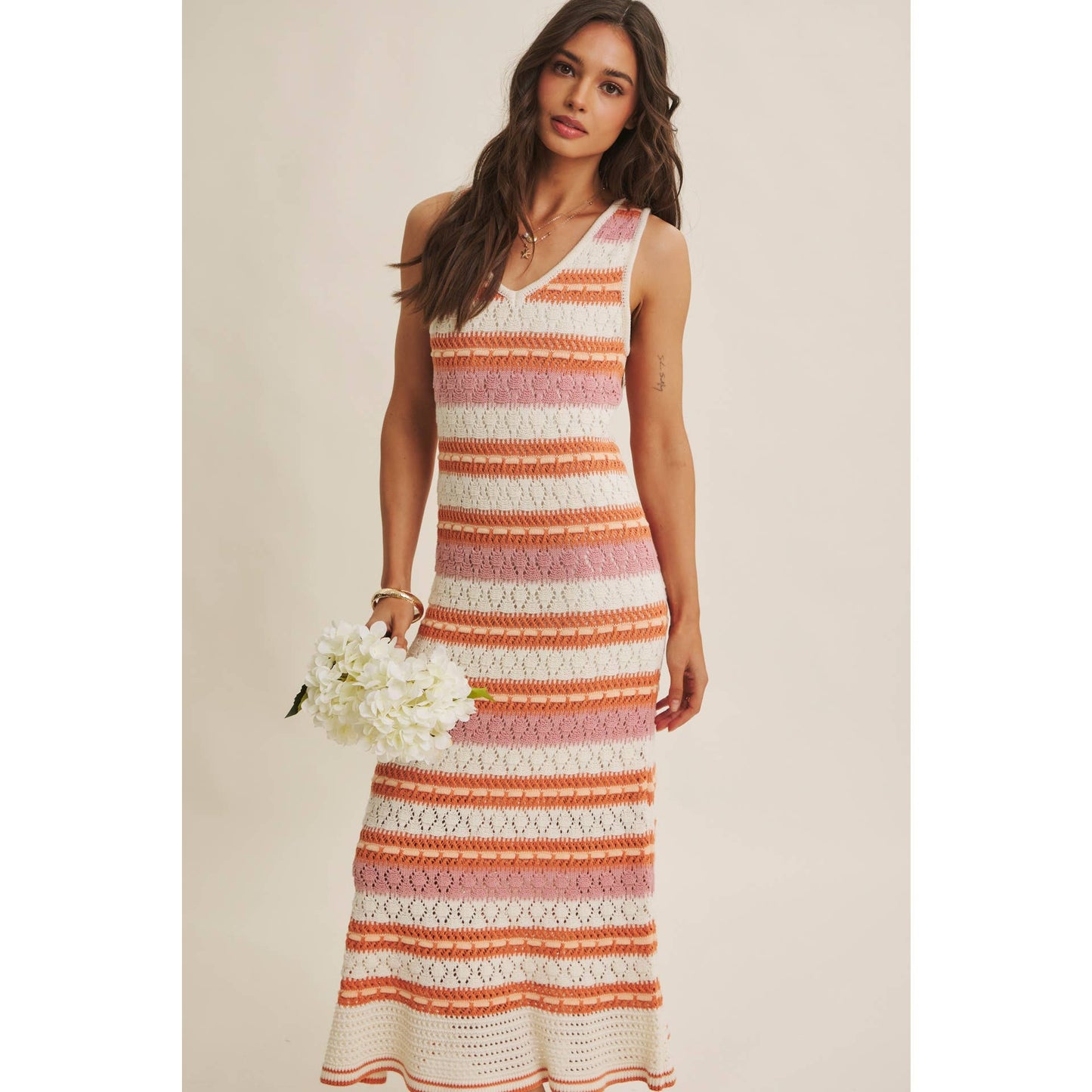Multi Colored Striped Crochet Midi Dress