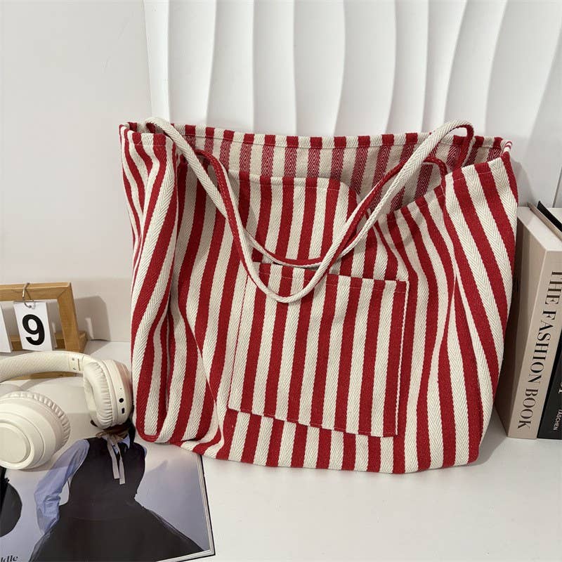 ORGANIC STRIPED TRENDING DOUBLE POCKET TOTE BAG | 40P561: Blue