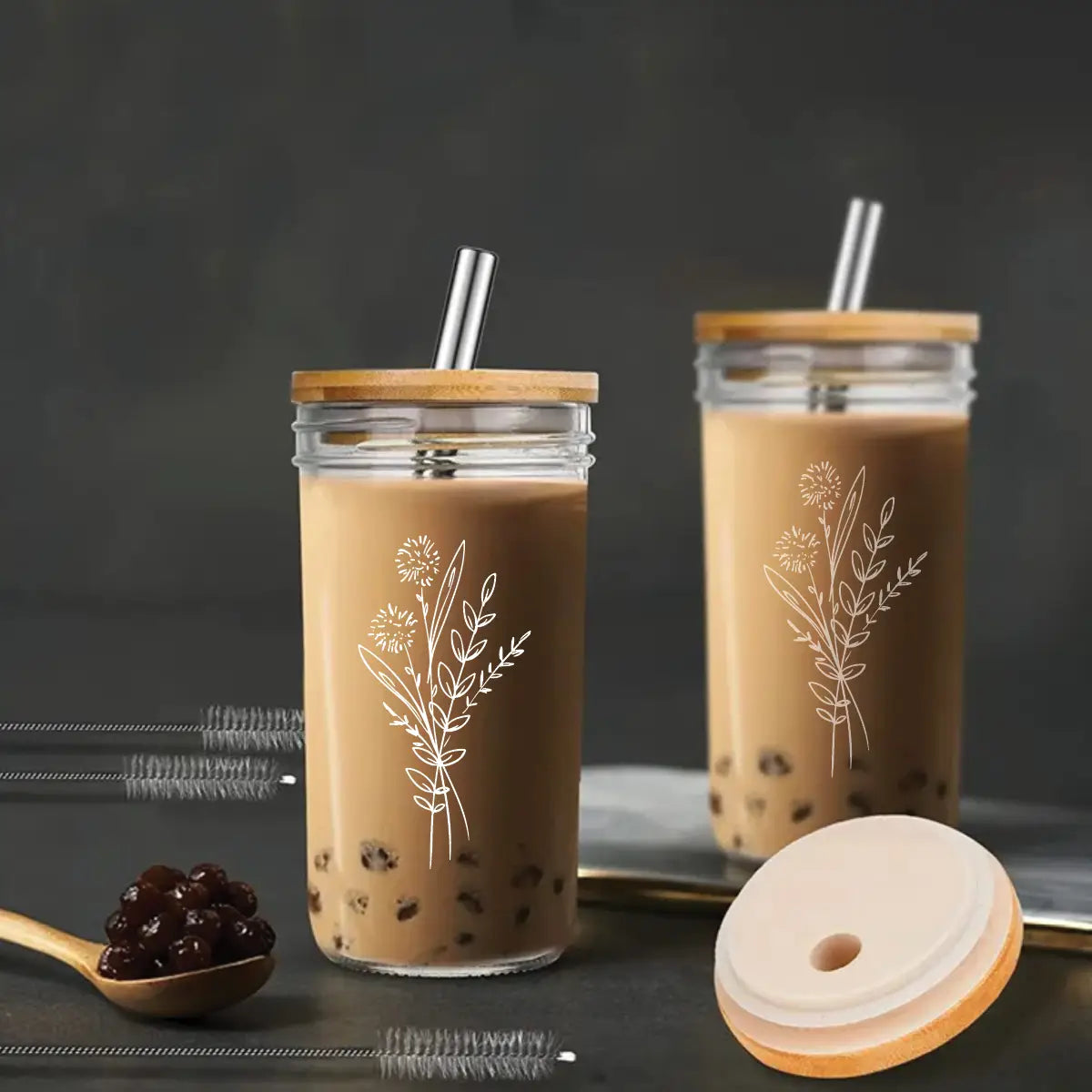 Floral Bouquet Glass Tumbler + Acacia Lid