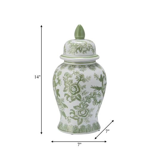 14 in. Green/White Bird and Flower Temple Chinoiserie Jar