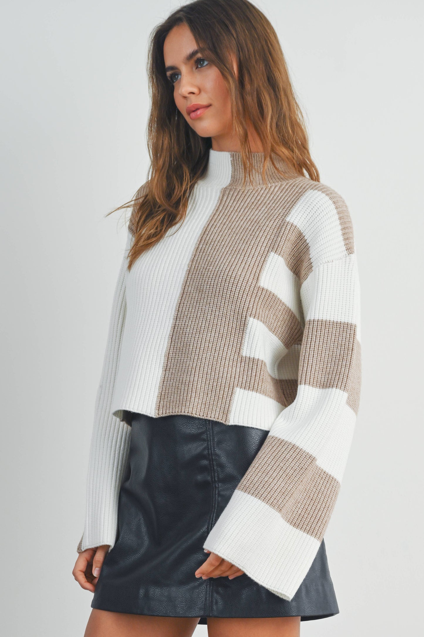 Color Block Mock Turtleneck Sweater - BMW7161: BLACK / OLIVE / S
