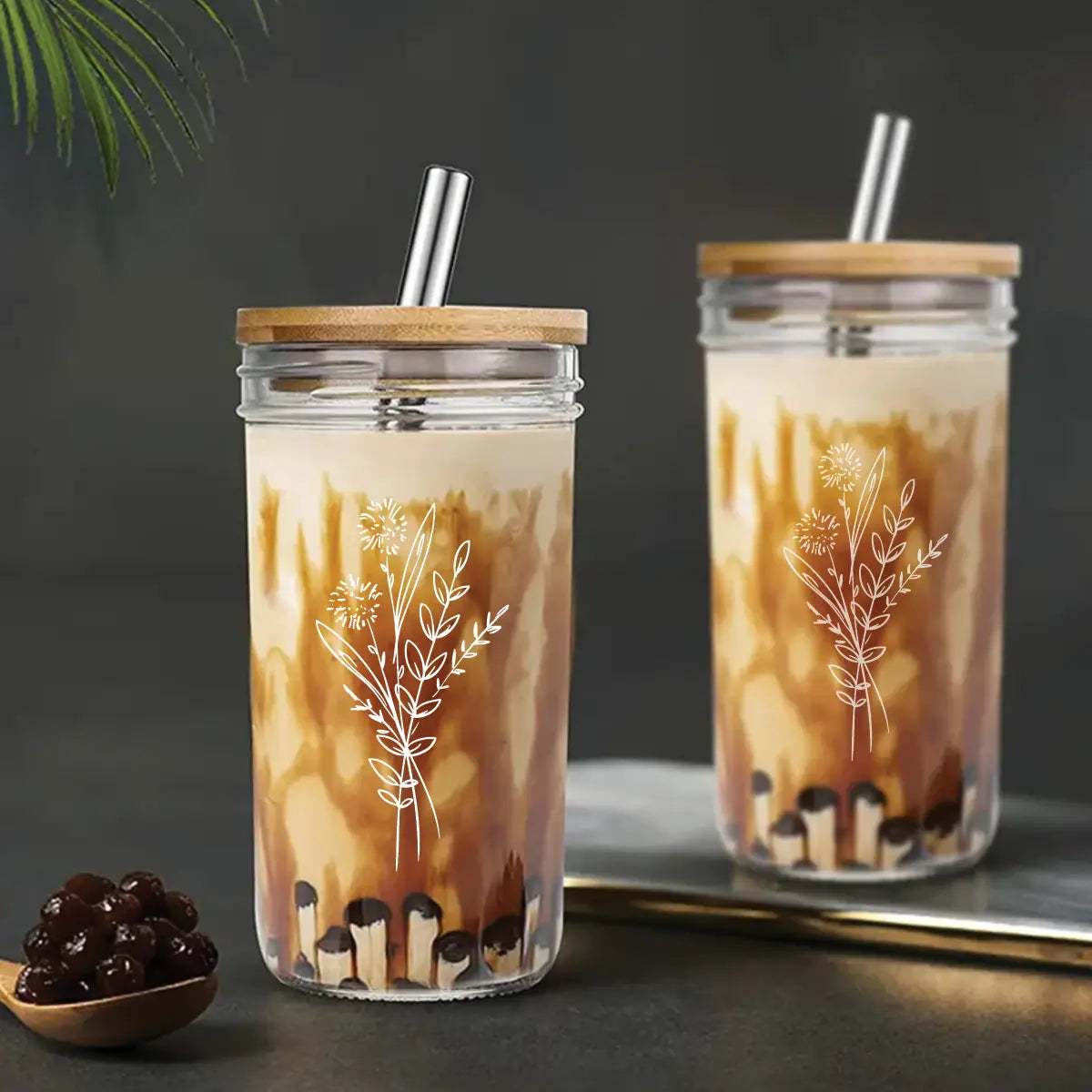 Floral Bouquet Glass Tumbler + Acacia Lid