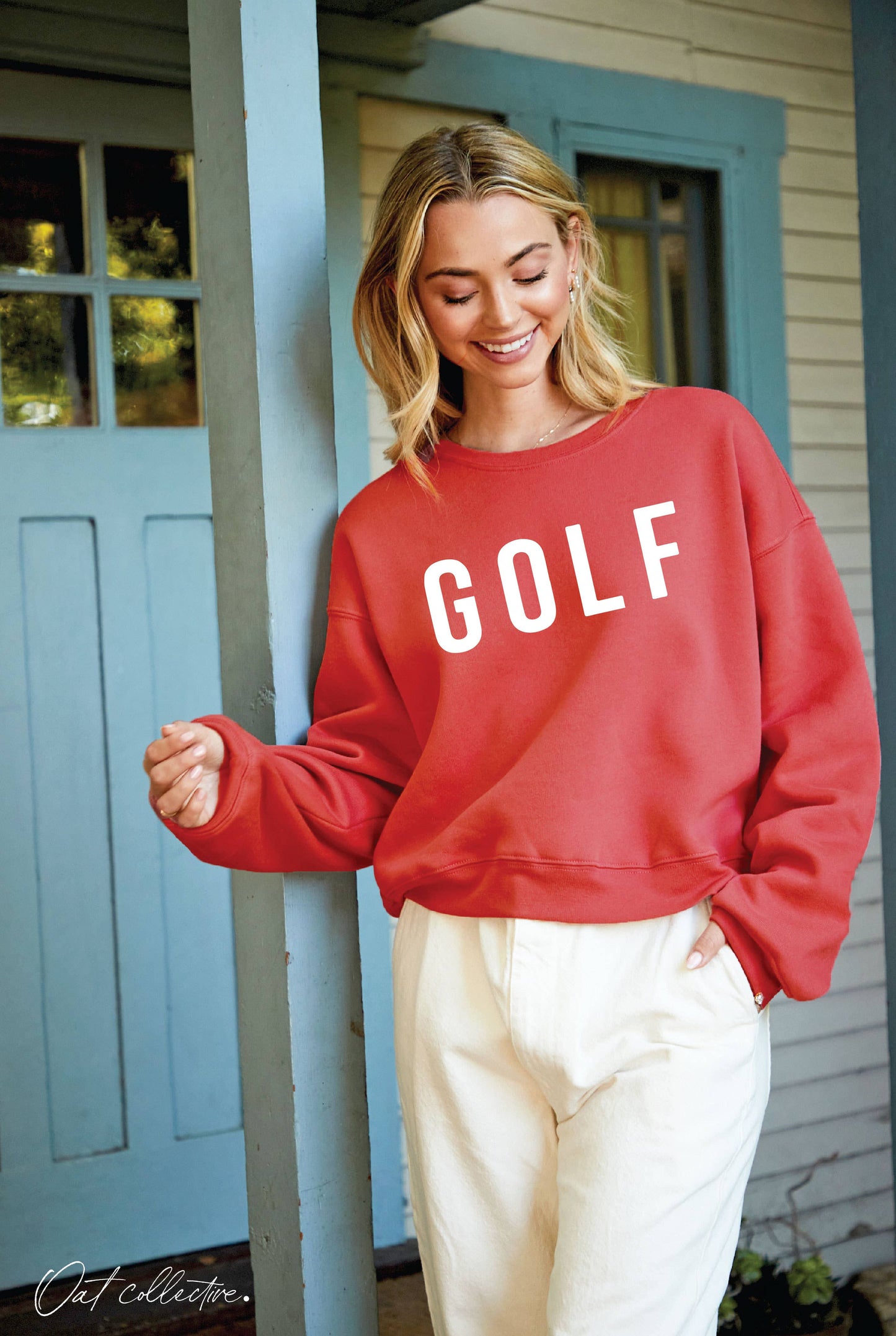 GOLF Mid length Cropped Graphic Fleece Pullover Relaxed Fit.: VINTAGE WHITE / S