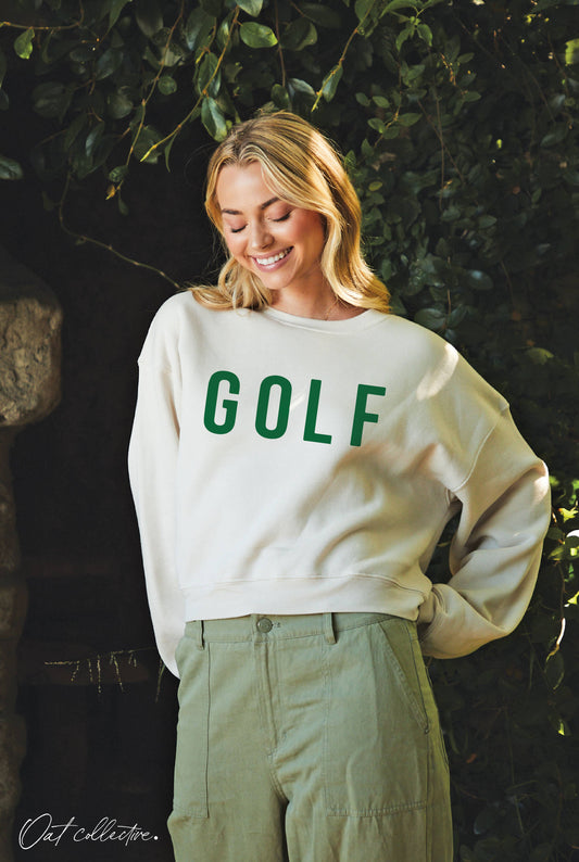 GOLF Mid length Cropped Graphic Fleece Pullover Relaxed Fit.
