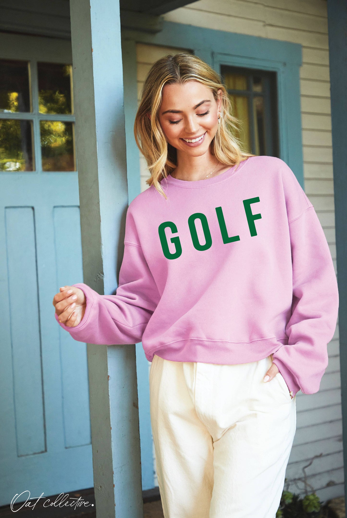 GOLF Mid length Cropped Graphic Fleece Pullover Relaxed Fit.: VINTAGE WHITE / L