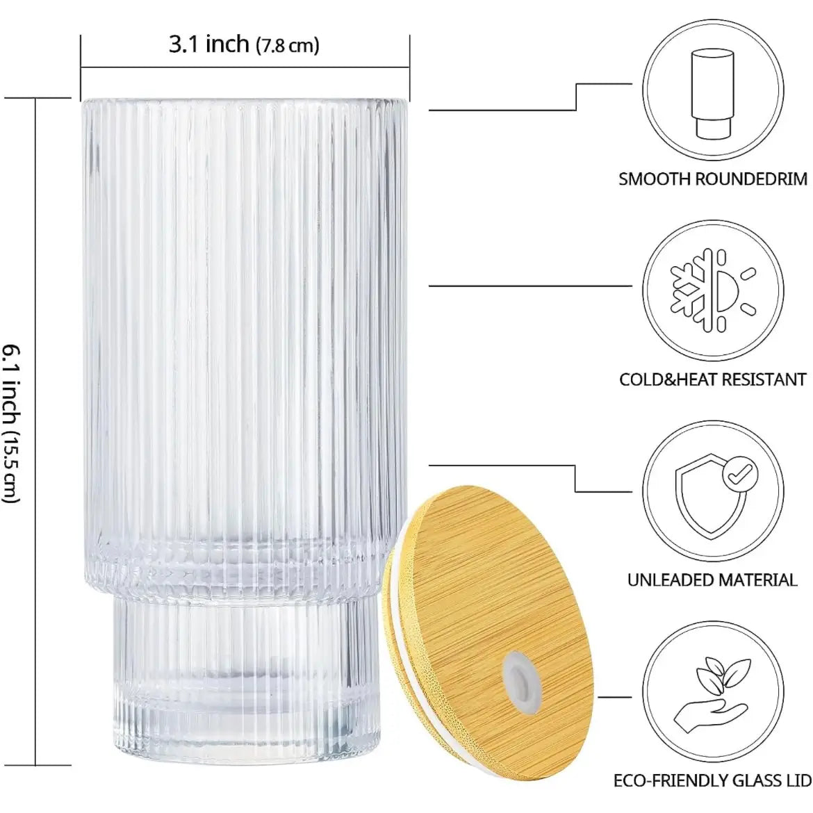 Fluted Vintage Ripple 16 Ounce Clear Glass with Lid + Straw