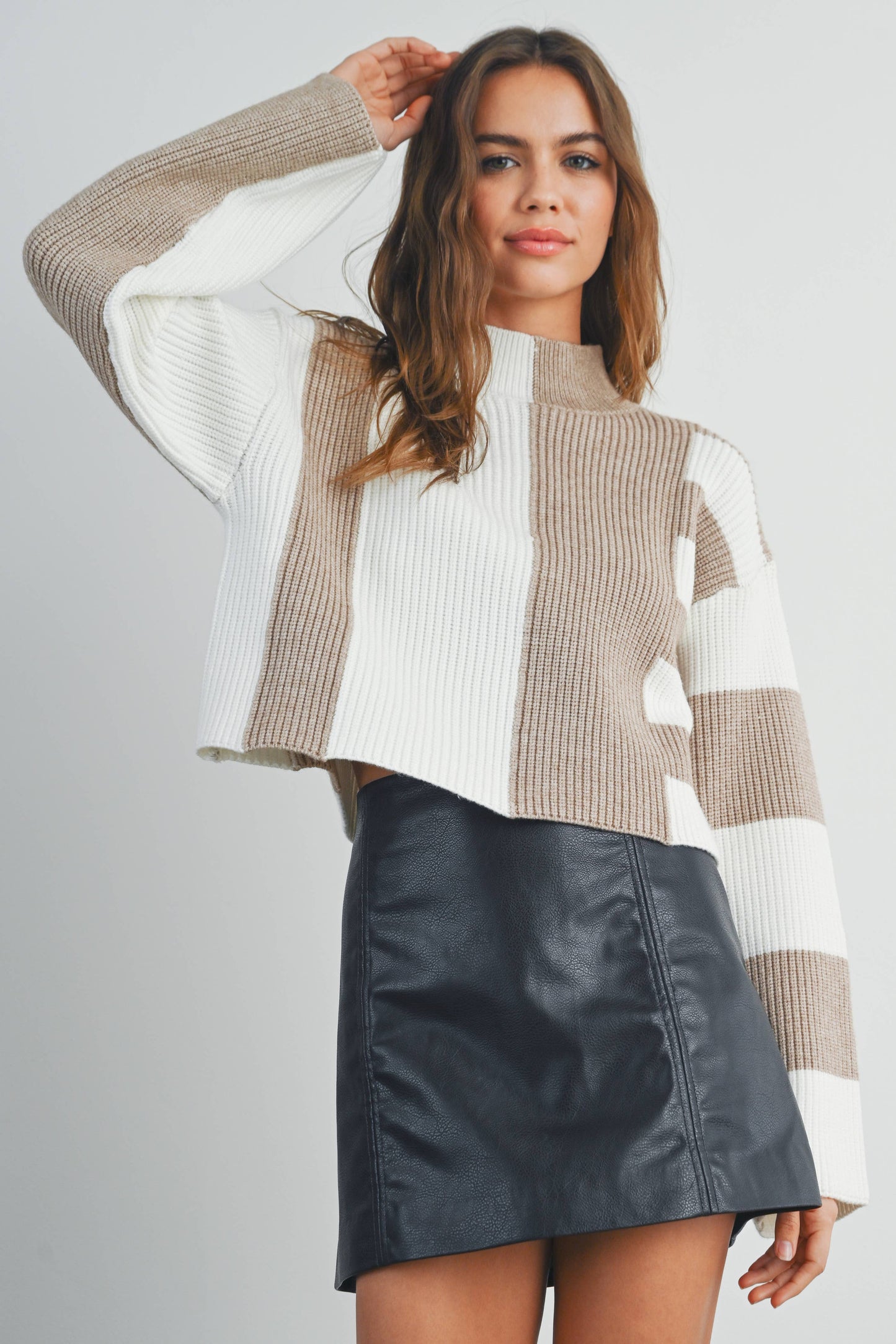 Color Block Mock Turtleneck Sweater - BMW7161: BLACK / OLIVE / S