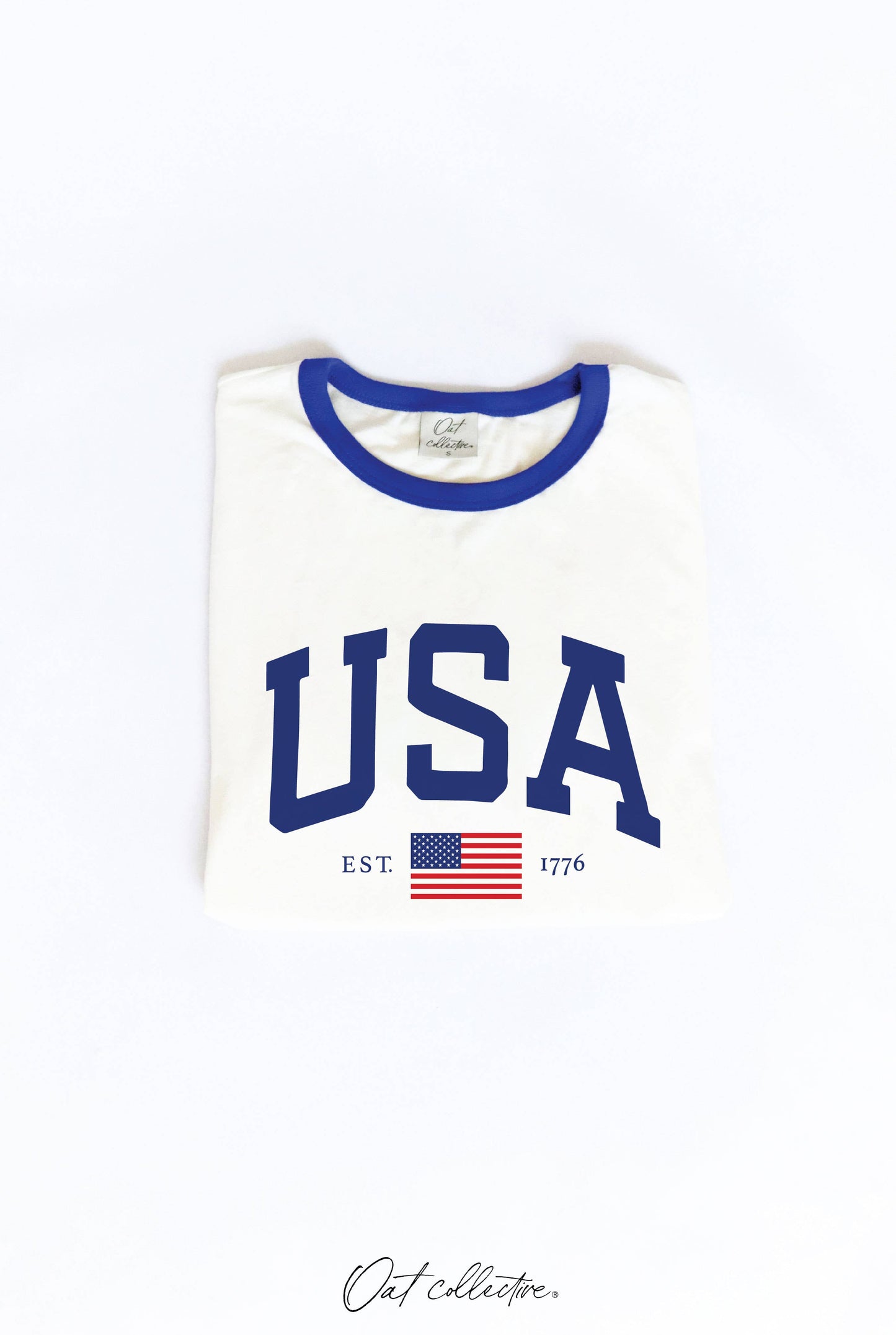 USA EST 1776 Ringer Graphic T-Shirt: NATURAL/RED / L