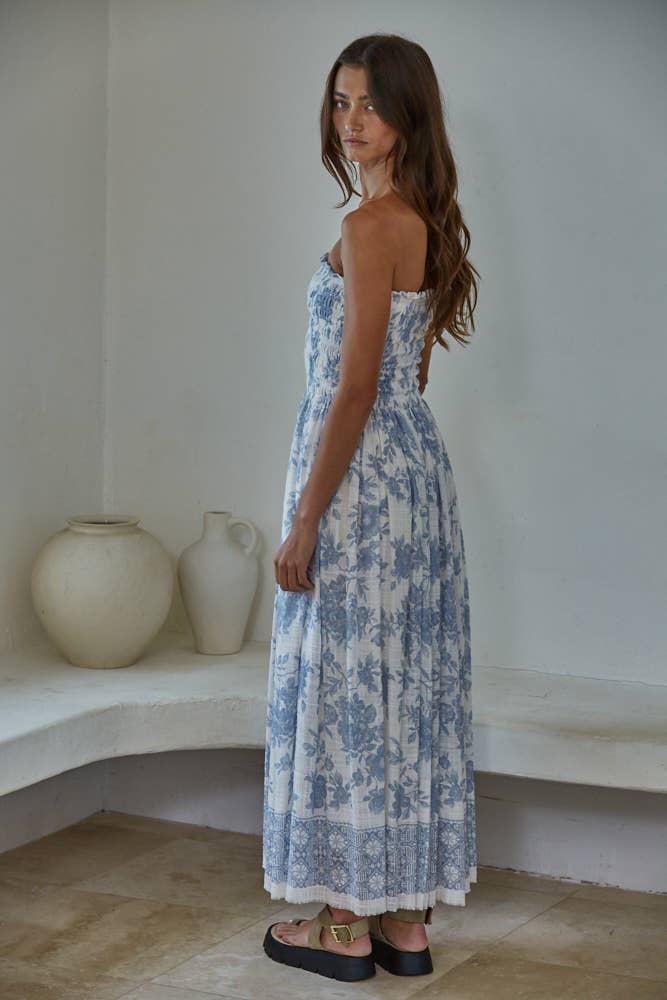 Floral Smocked Strapless Midi Dress