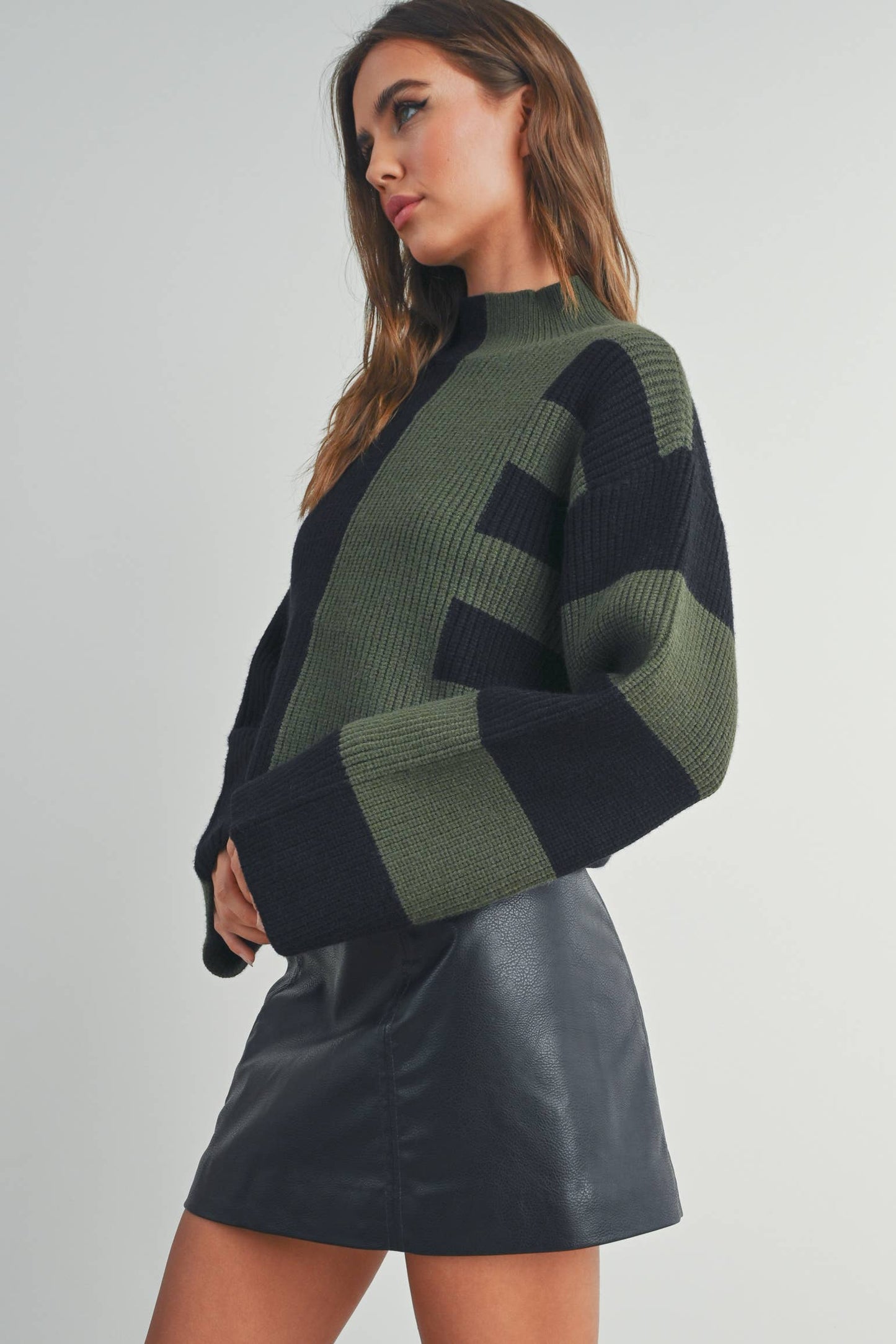 Color Block Mock Turtleneck Sweater - BMW7161: BLACK / OLIVE / S