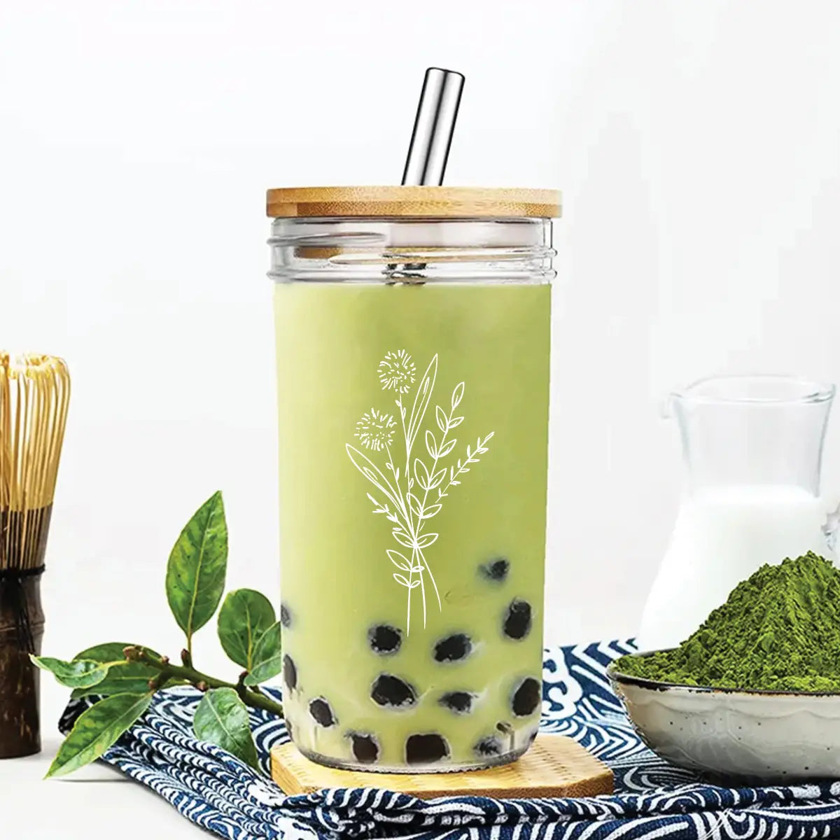 Floral Bouquet Glass Tumbler + Acacia Lid