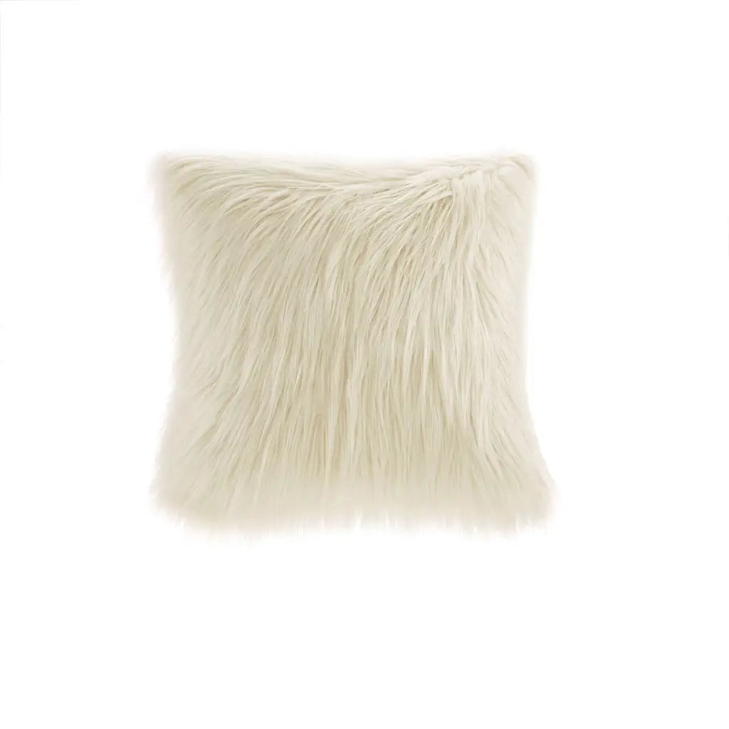 Long Faux Fur Square Throw Pillow - Ivory