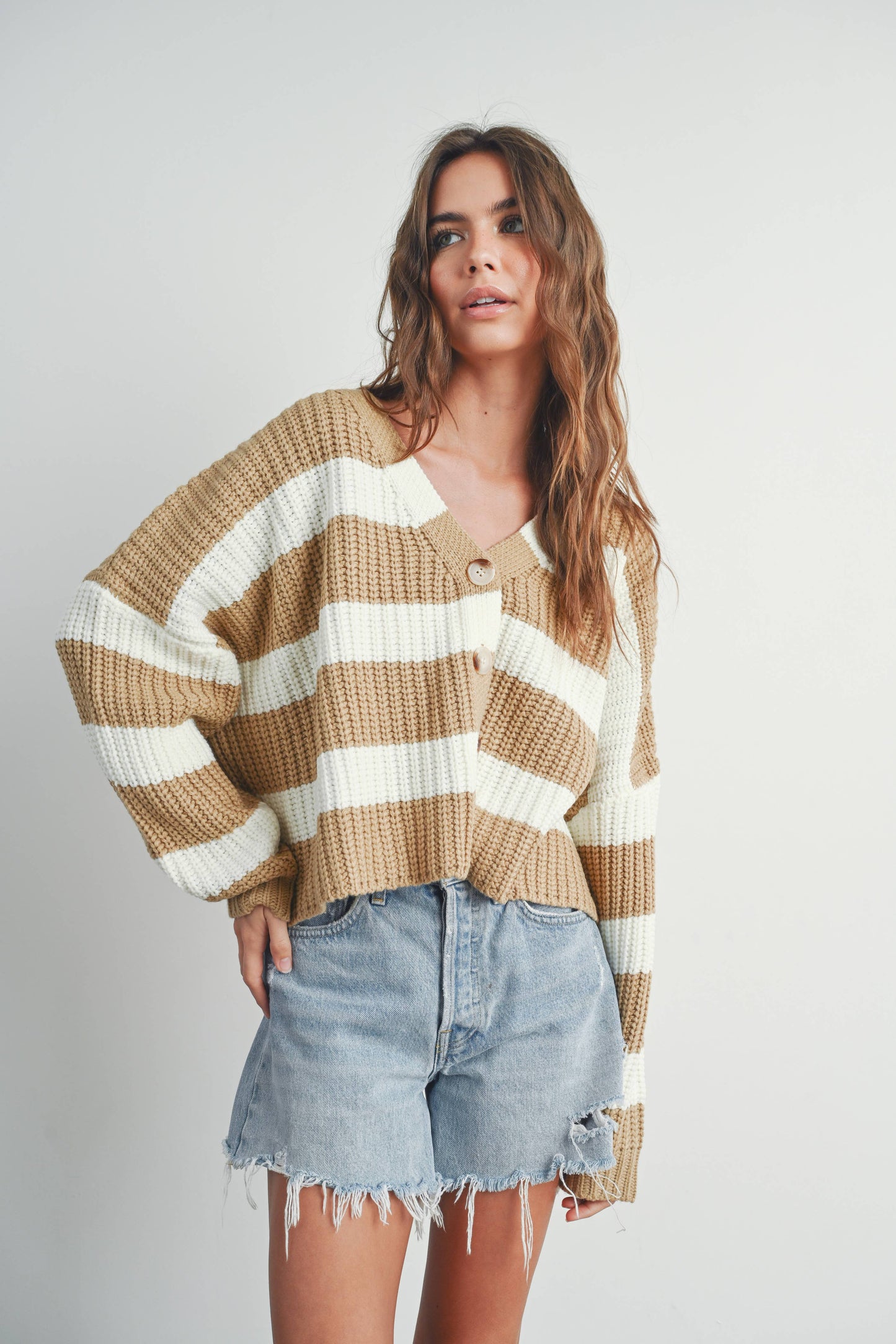 Striped V-Neck Cardigan with Buttons - BMC7331