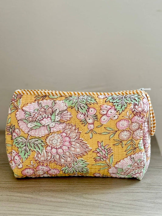 Yellow Block Printed Toiletry Bag - Set of 3  