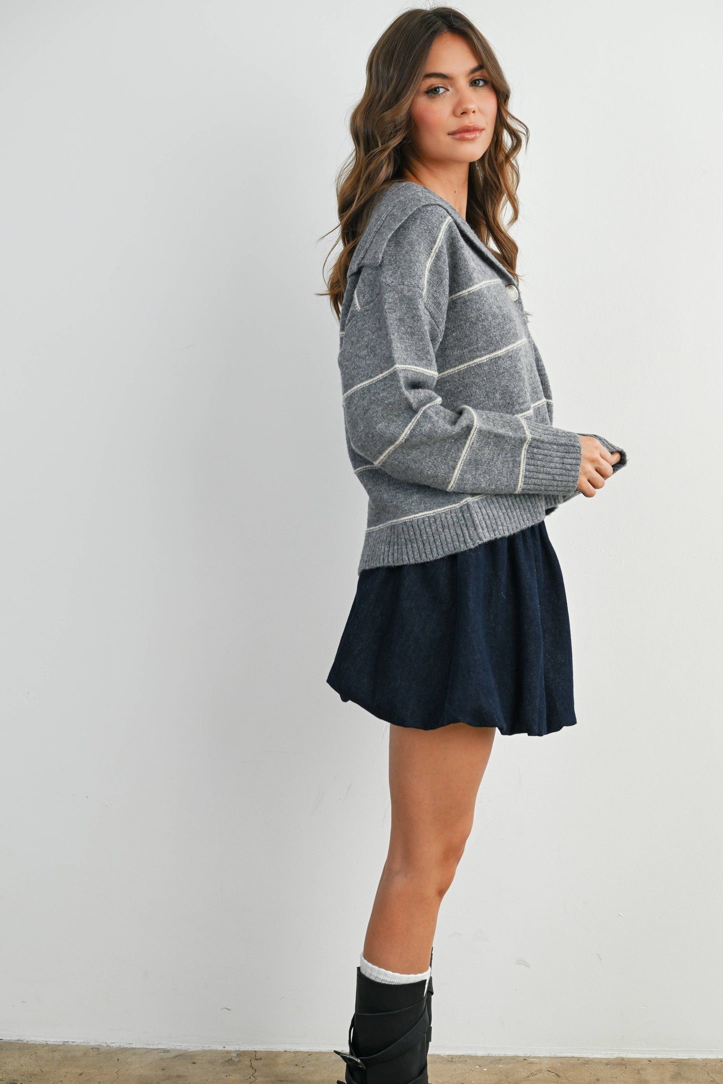 Button-Up Striped Collared Long Sleeve Top - BMC7883: TAUPE MULTI / M